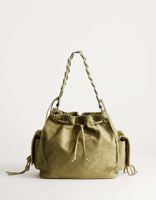 Topshop Simone borsa a secchiello grande in suedette con tasca, color khaki, 1 di 4