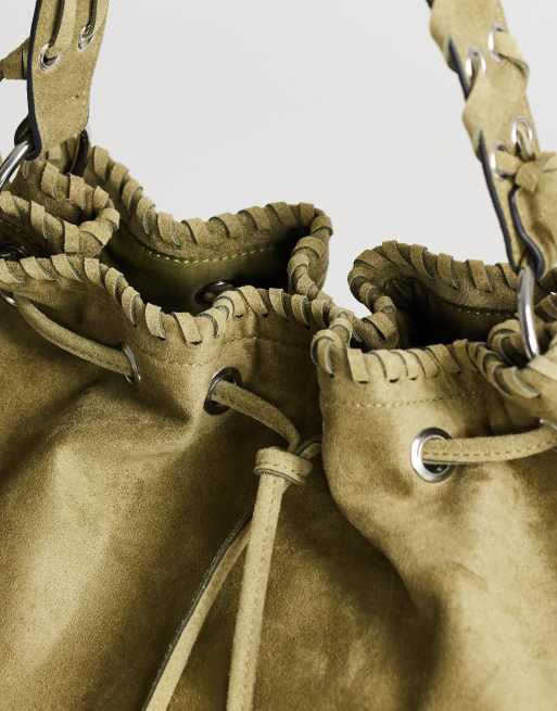 Topshop Simone borsa a secchiello grande in suedette con tasca, color khaki, 3 di 4