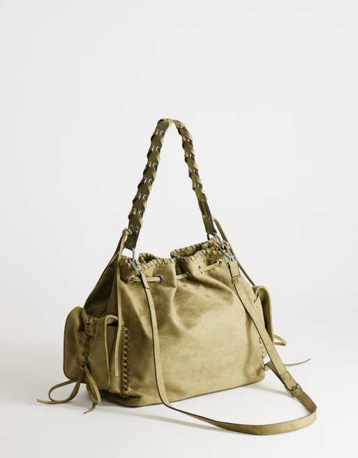 Topshop Simone borsa a secchiello grande in suedette con tasca, color khaki, 4 di 4