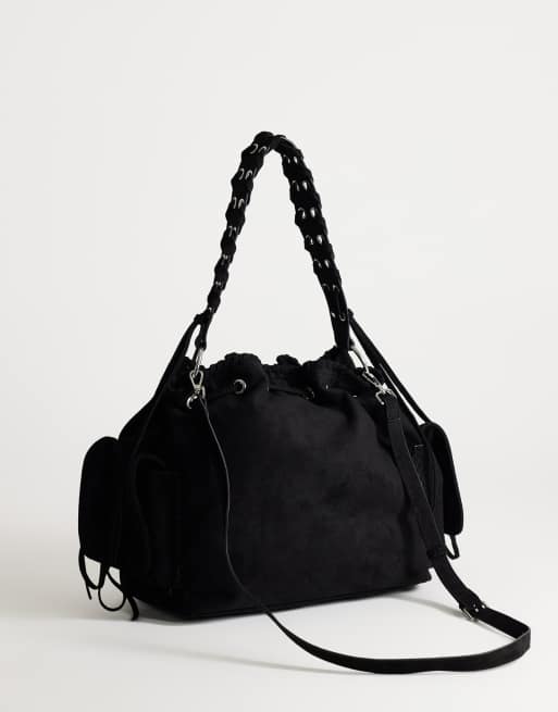 Topshop Simone large suedette pocket detail bucket shoulder bag in black, 4 of 4