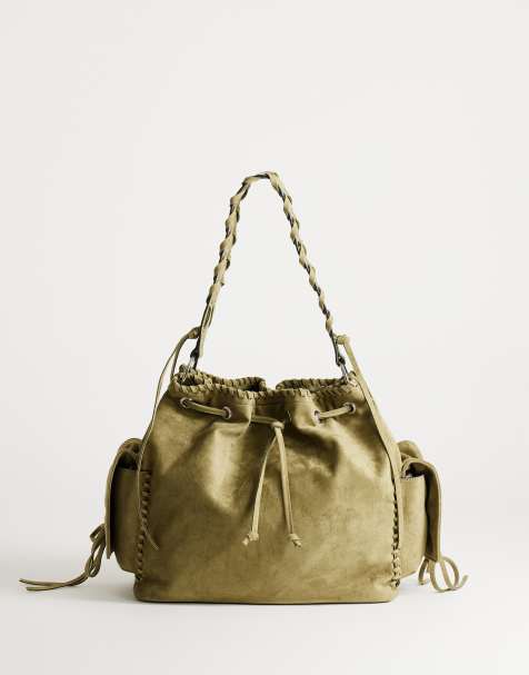 Topshop Simone suedette pocket detail bucket shoulder bag in khaki - view 1