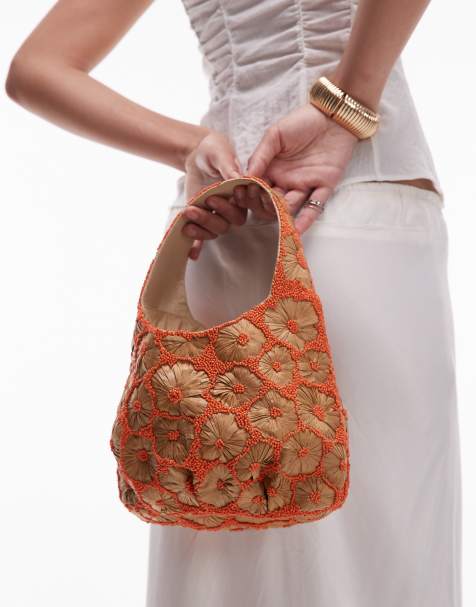 Topshop Sindri floral embellished bag in natural & orange - view 1