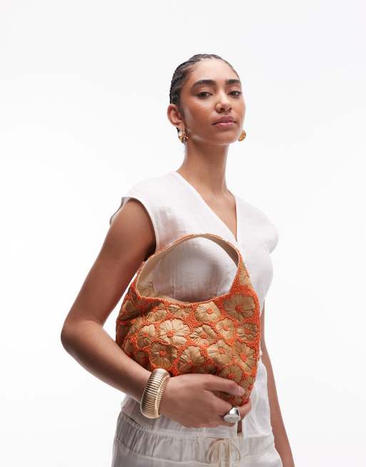 Topshop Sindri floral embellished bag in natural & orange