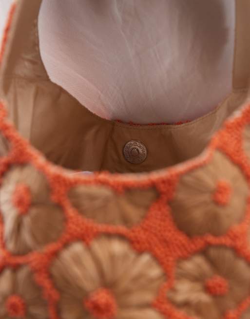 Topshop Sindri floral embellished bag in natural & orange