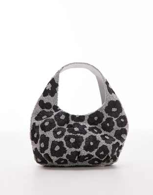 Topshop - Sindri - Tasche in Schwarz und Silber mit Blumenverzierung