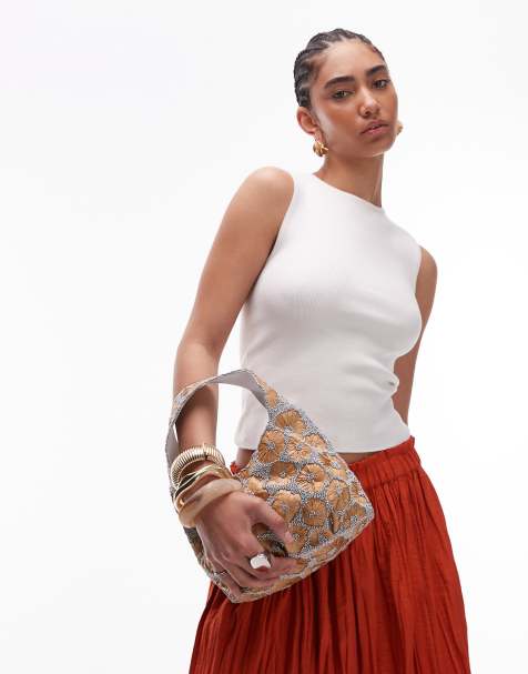 Topshop – Sindri – Torebka w kolorach naturalnym i srebrnym w zdobione kwiaty - view 1