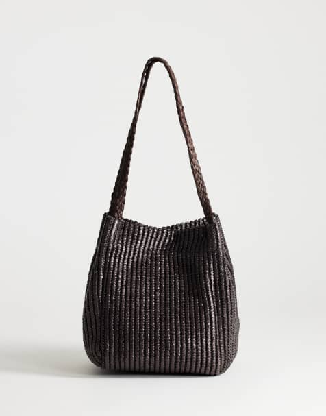 Topshop Singer medium weave shoulder bag in chocolate - view 1