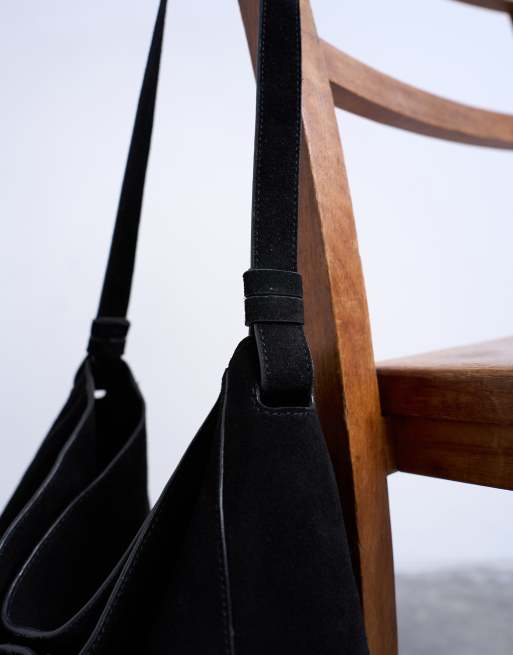 Topshop Siobhan real suede leather shoulder bag in black