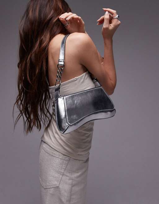 Topshop – Sisi – Silberfarbene Schultertasche mit Kettendetail