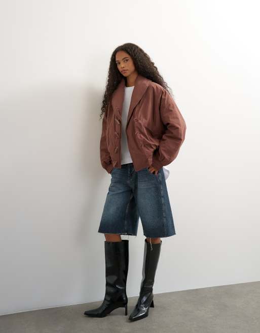 Topshop sjaalkraag hybride puffer met toggle-detail in bruin, 2 van 4