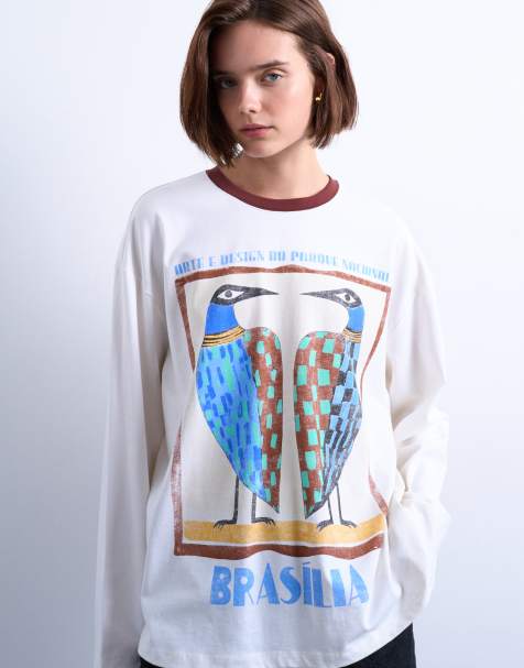 Topshop - Skater T-shirt met grafische Brasilia-print en contrasterend randje in wit - view 1