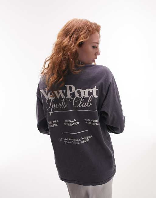 Topshop - Skater T-shirt met lange mouwen en grafisch 'New Port'-print in leisteengrijs