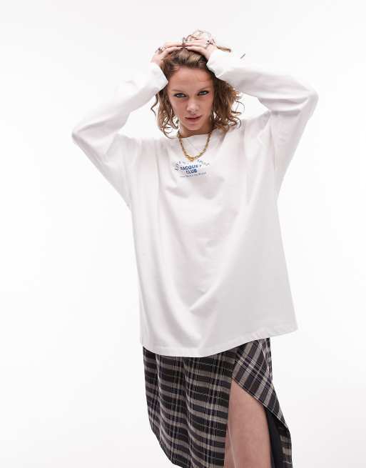 Topshop - Skater T-shirt met 'Livewell Sport'-print en lange mouwen in wit