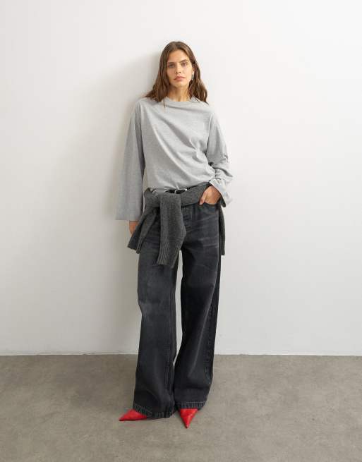 Topshop Skater-Top mit Nahtdetails und langen Ärmeln in Graumeliert, 2 von 4