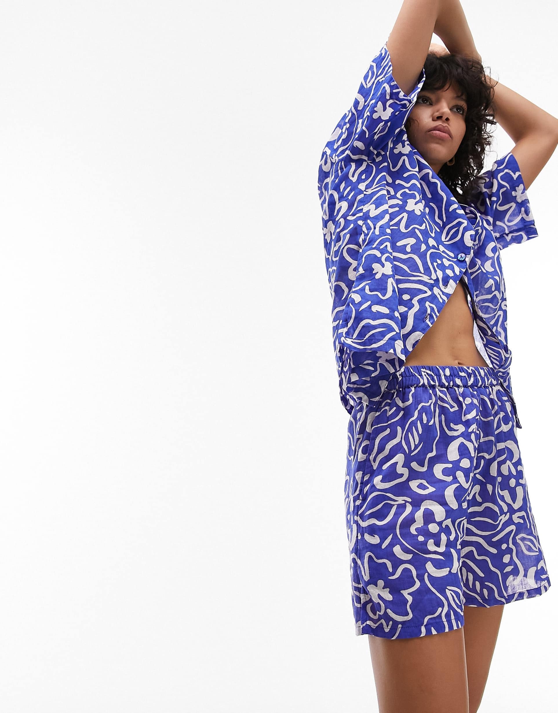 Topshop sketch print beach resort short and shirt in cobalt