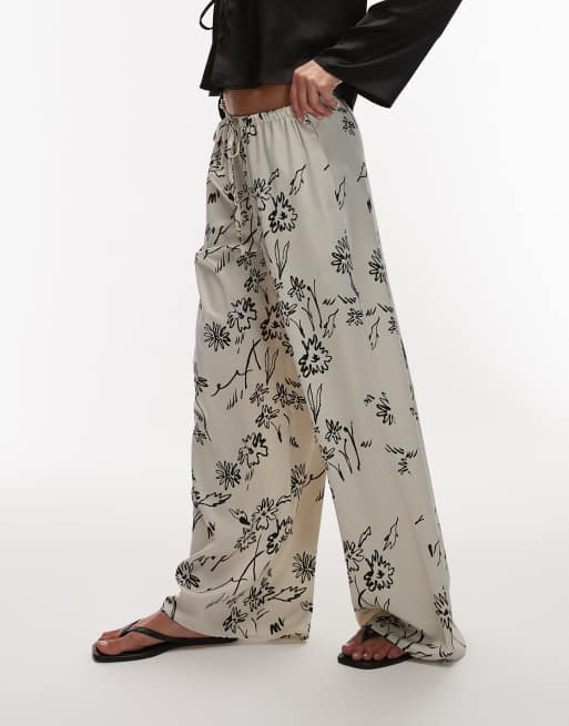 Topshop sketched floral satin drawcord pants in black, 2 of 5