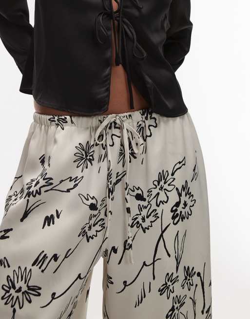 Topshop sketched floral satin drawcord pants in black, 3 of 5
