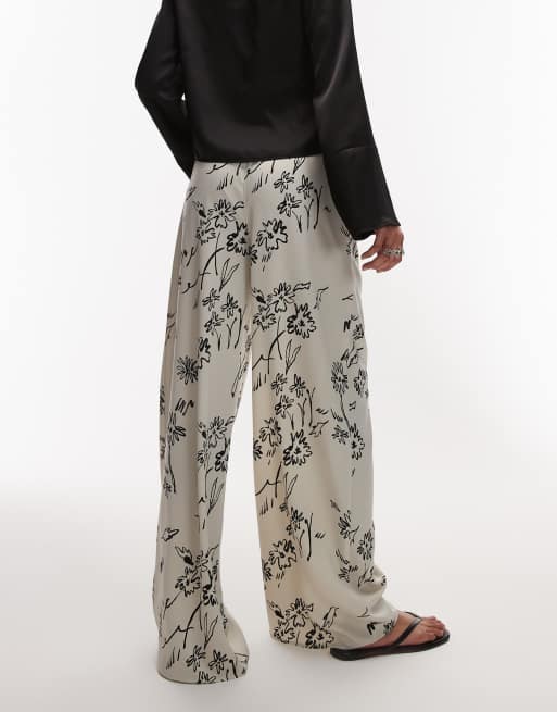 Topshop sketched floral satin drawcord pants in black, 4 of 5