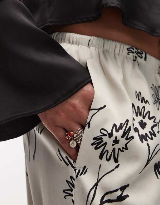 Topshop sketched floral satin drawcord pants in black, 5 of 5