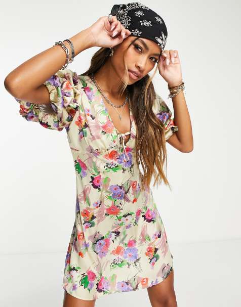 Topshop sketched floral tie front mini dress in multi - view 1
