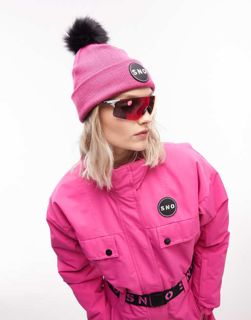 Topshop Ski faux fur pom beanie in pink