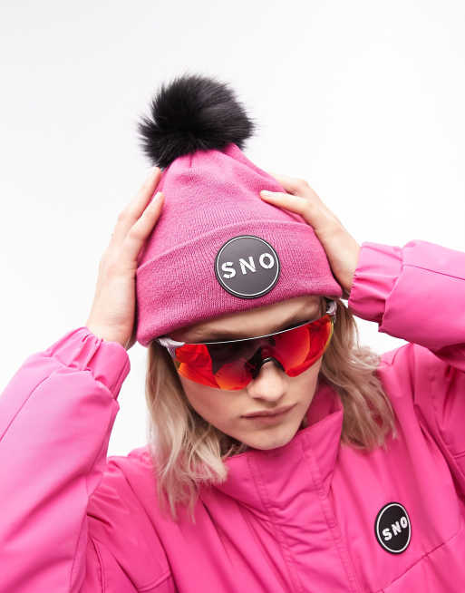 Topshop Ski fur pom beanie in pink, 2 of 4