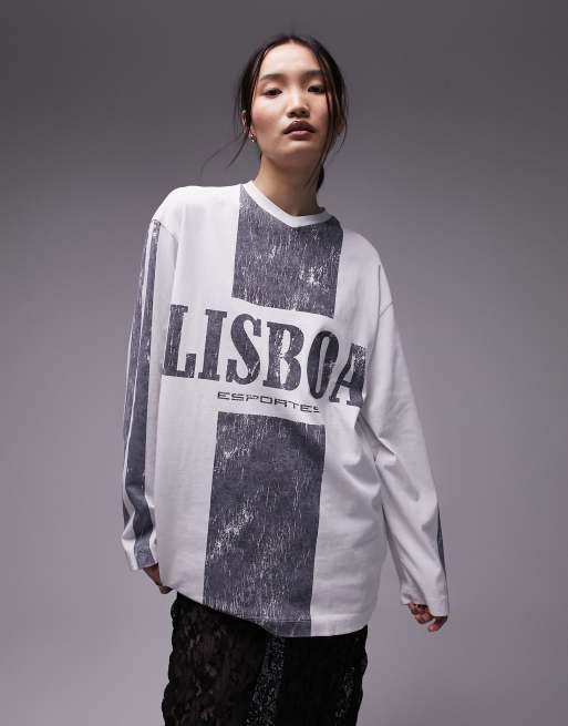 Topshop - Skifergrå langærmet skater-top med Lisboa-grafik