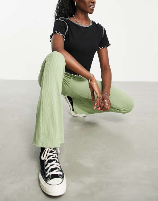 Topshop - Skinny geribbelde flare-broek in saliegroen, 4 van 4