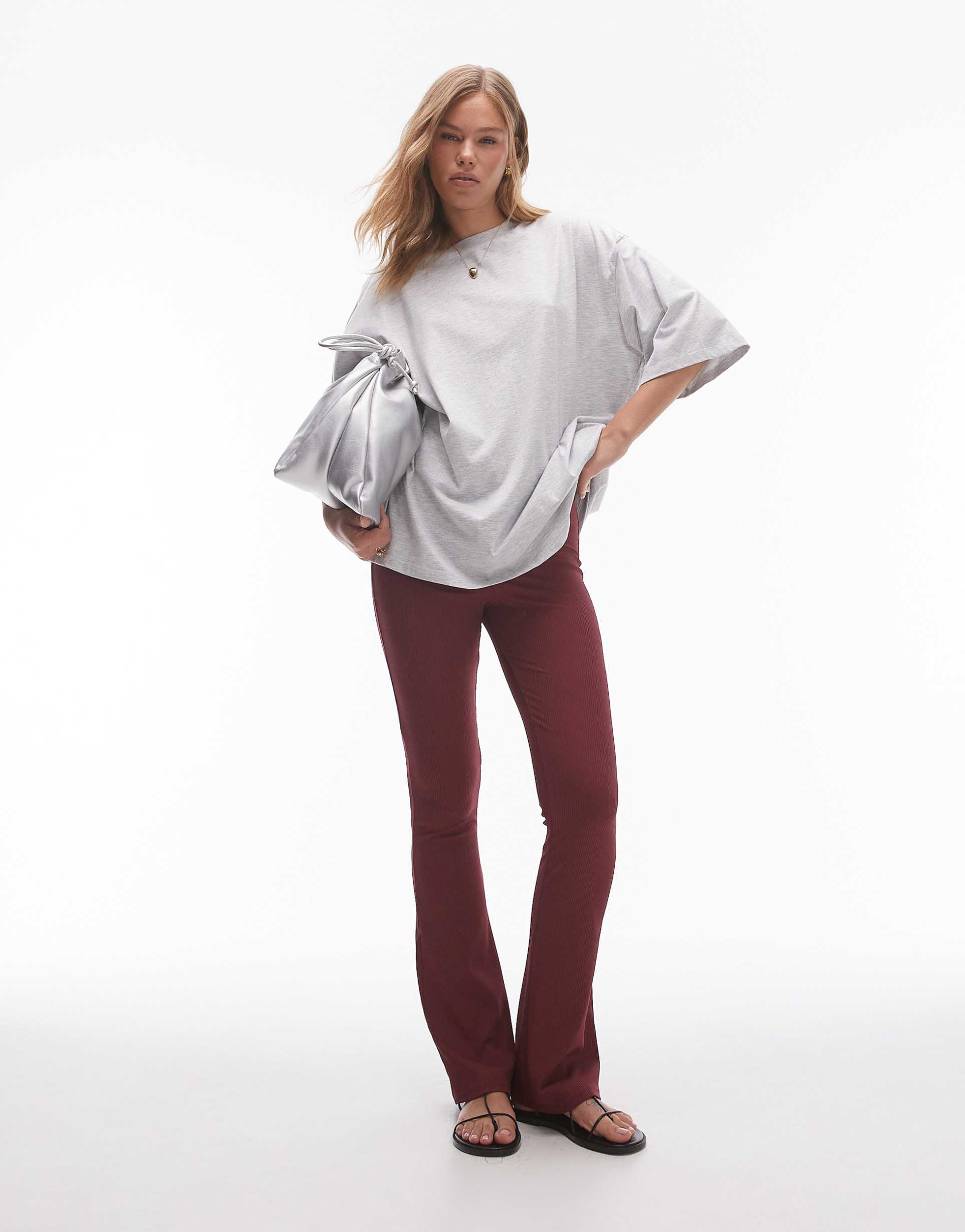 topshop skinny rib flare in burgundy