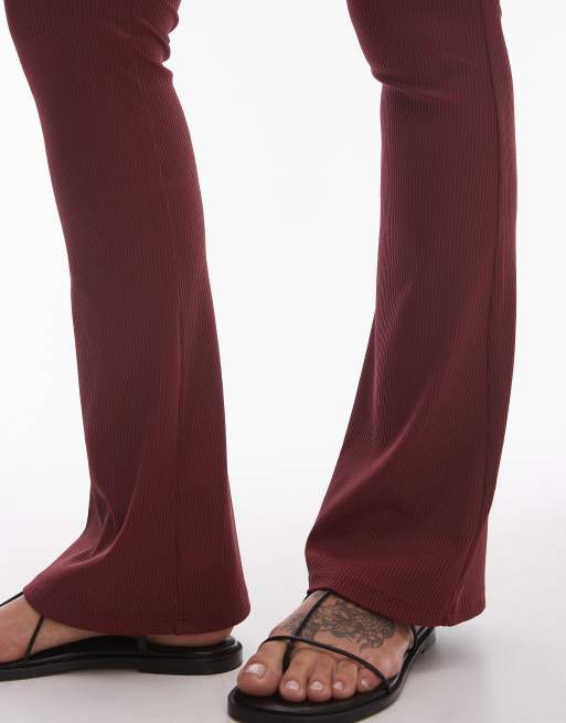 Topshop skinny rib flare in burgundy, 3 of 5
