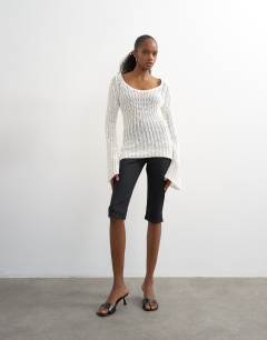 Skinny rib flared capri trouser in black