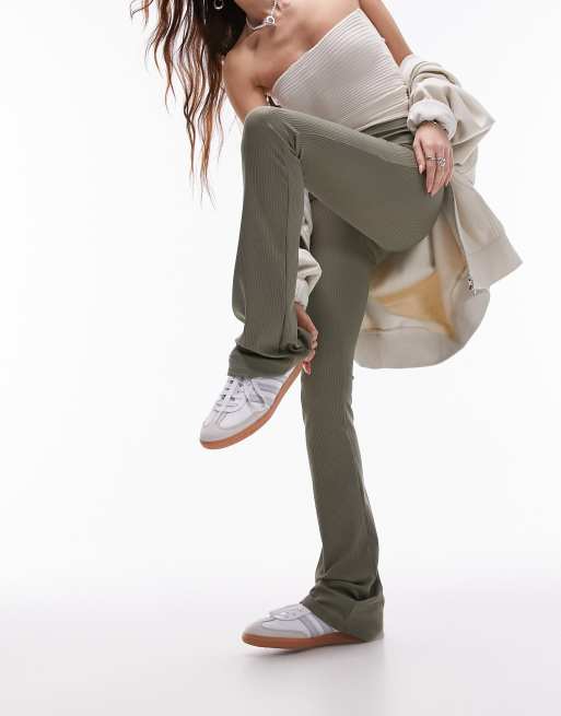 Topshop skinny rib flared pants in khaki