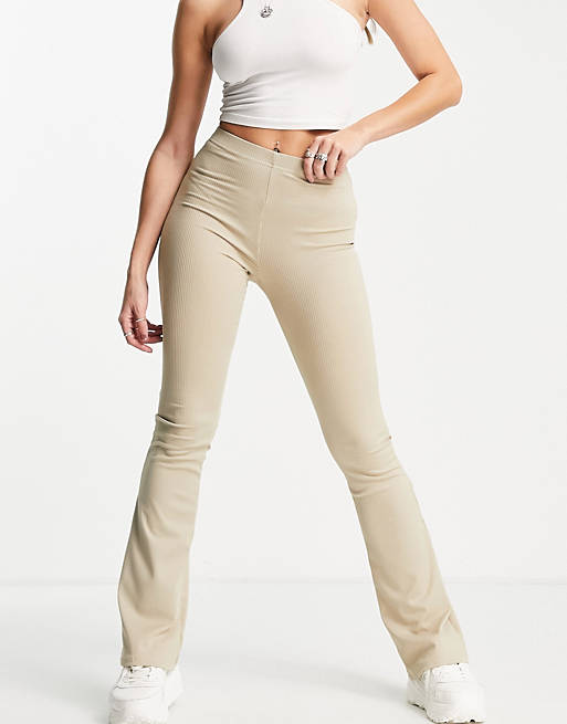 Topshop skinny rib flared pants in taupe