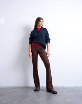 Topshop skinny rib flared trouser in chocolate brown