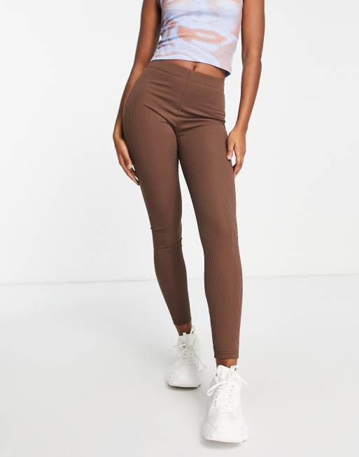 Topshop skinny rib high waist legging in chocolate