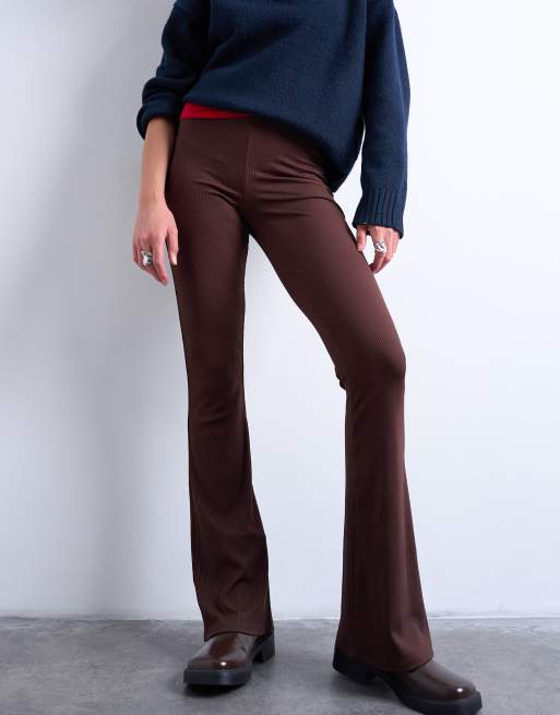 Topshop skinny rib knit flared pants in chocolate brown, 3 of 5
