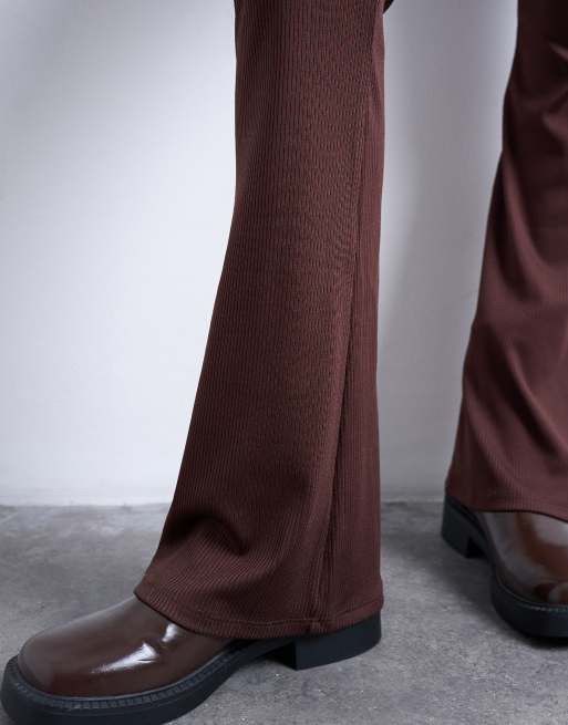 Topshop skinny rib knit flared pants in chocolate brown, 4 of 5