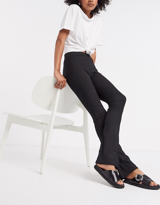 Topshop skinny ribbed flare trousers in black