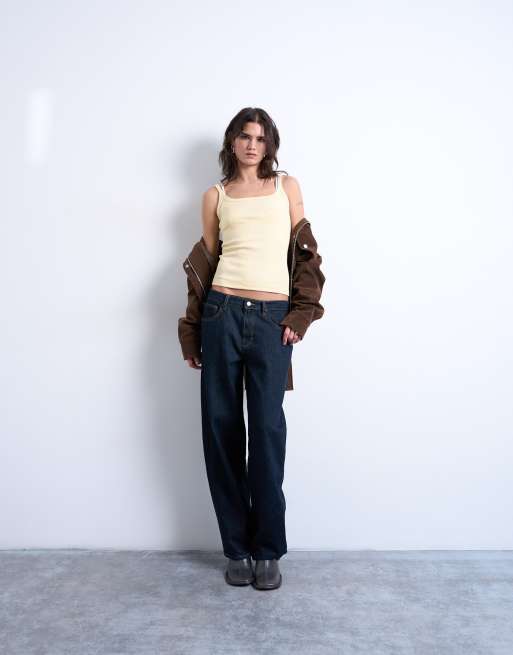 Topshop skinny strap scoop rib singlet in buttermilk, 3 of 4