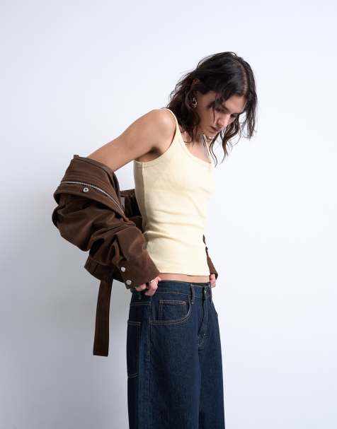 Topshop skinny strap scoop rib vest in buttermilk - view 1