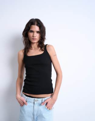 Topshop Skinny Strap Scoop Ribbed Tank Top In Black
