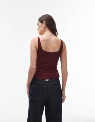 Topshop Skinny Strap Scoop Ribbed Tank Top In Red
