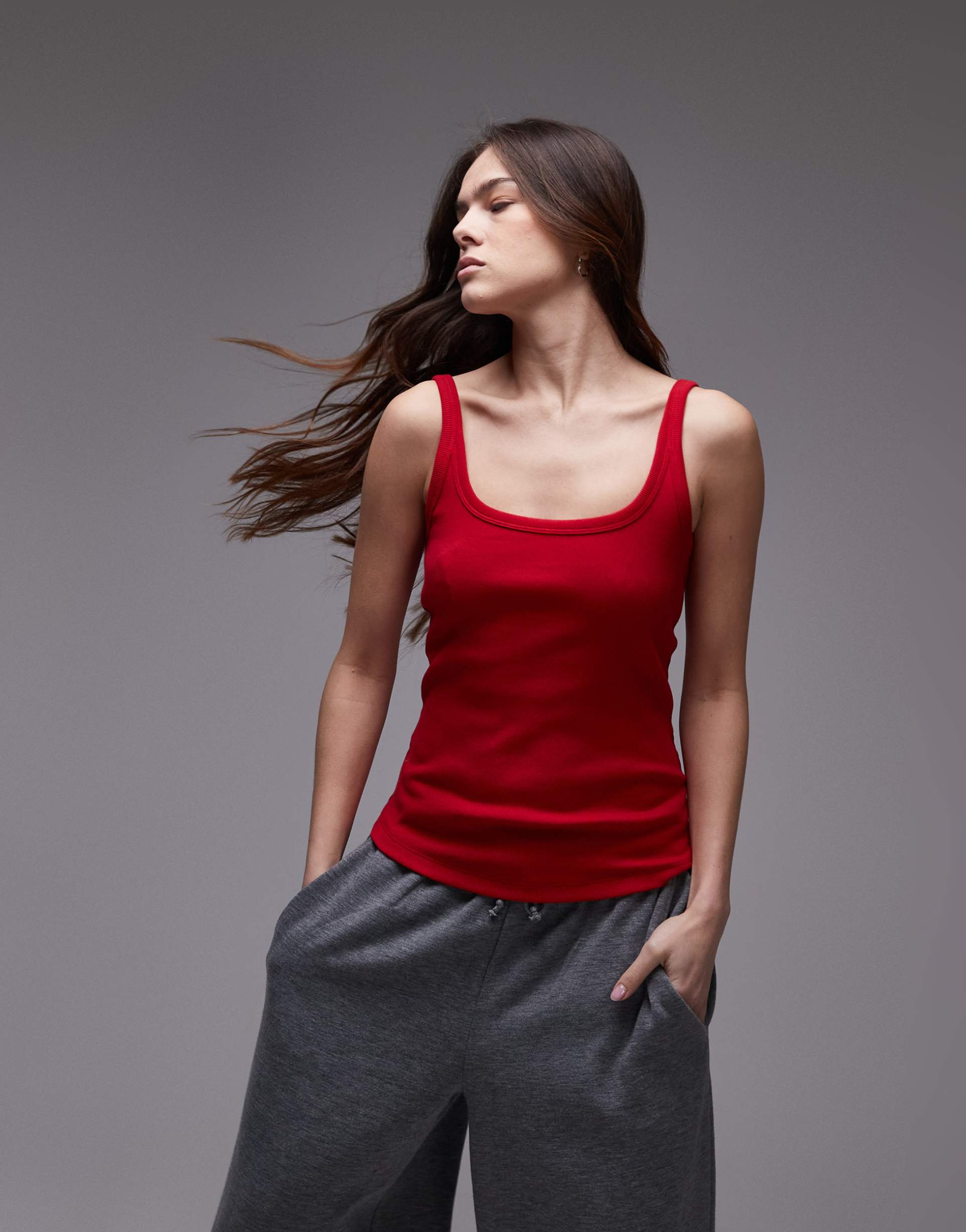 topshop skinny strap scoop ribbed tank top in cherry red