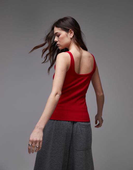 Topshop skinny strap scoop ribbed tank top in cherry red | ASOS