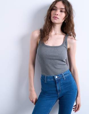Topshop Skinny Strap Scoop Ribbed Tank Top In Gray