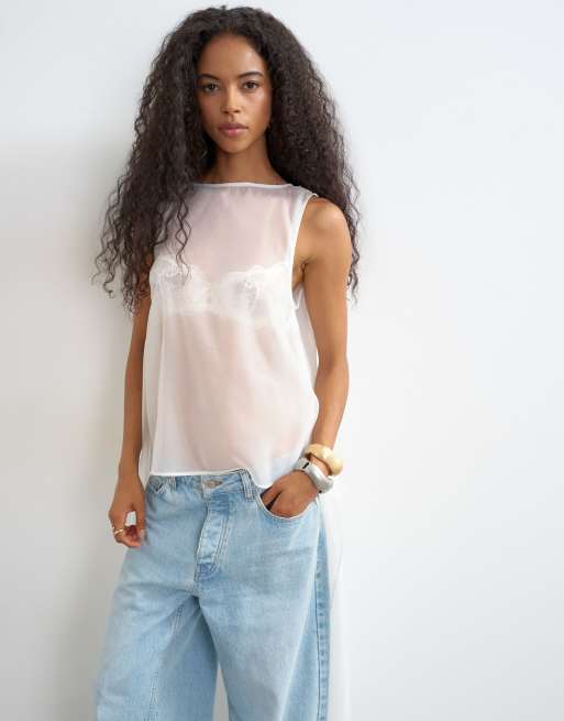 Topshop skir organza-tunika med drapering i vitt, 4 av 4