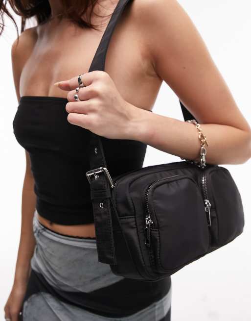 ASOS DESIGN multi pouch cross body bag in black snake