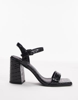 Topshop Skylar two part block heeled sandal in black croc | ASOS