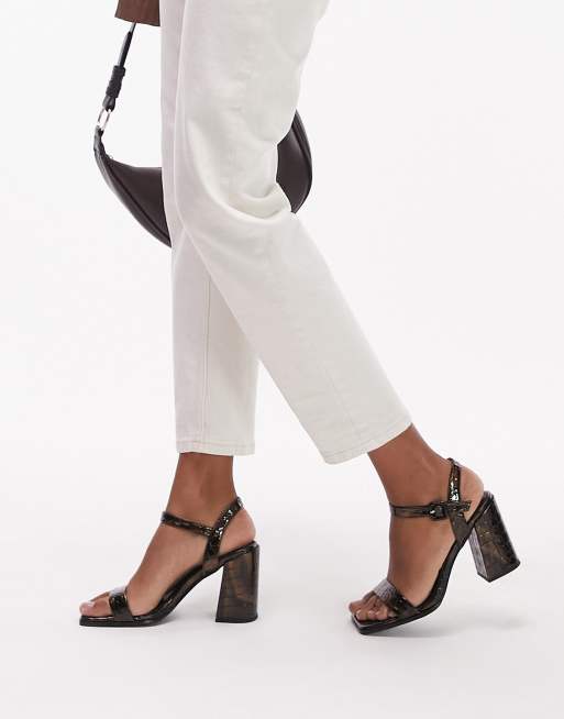 Topshop Skylar two part block heeled sandals in brown croc