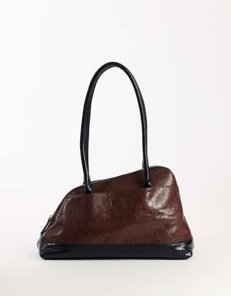 Topshop Skyler large angular shoulder bag in chocolate and black - view 1